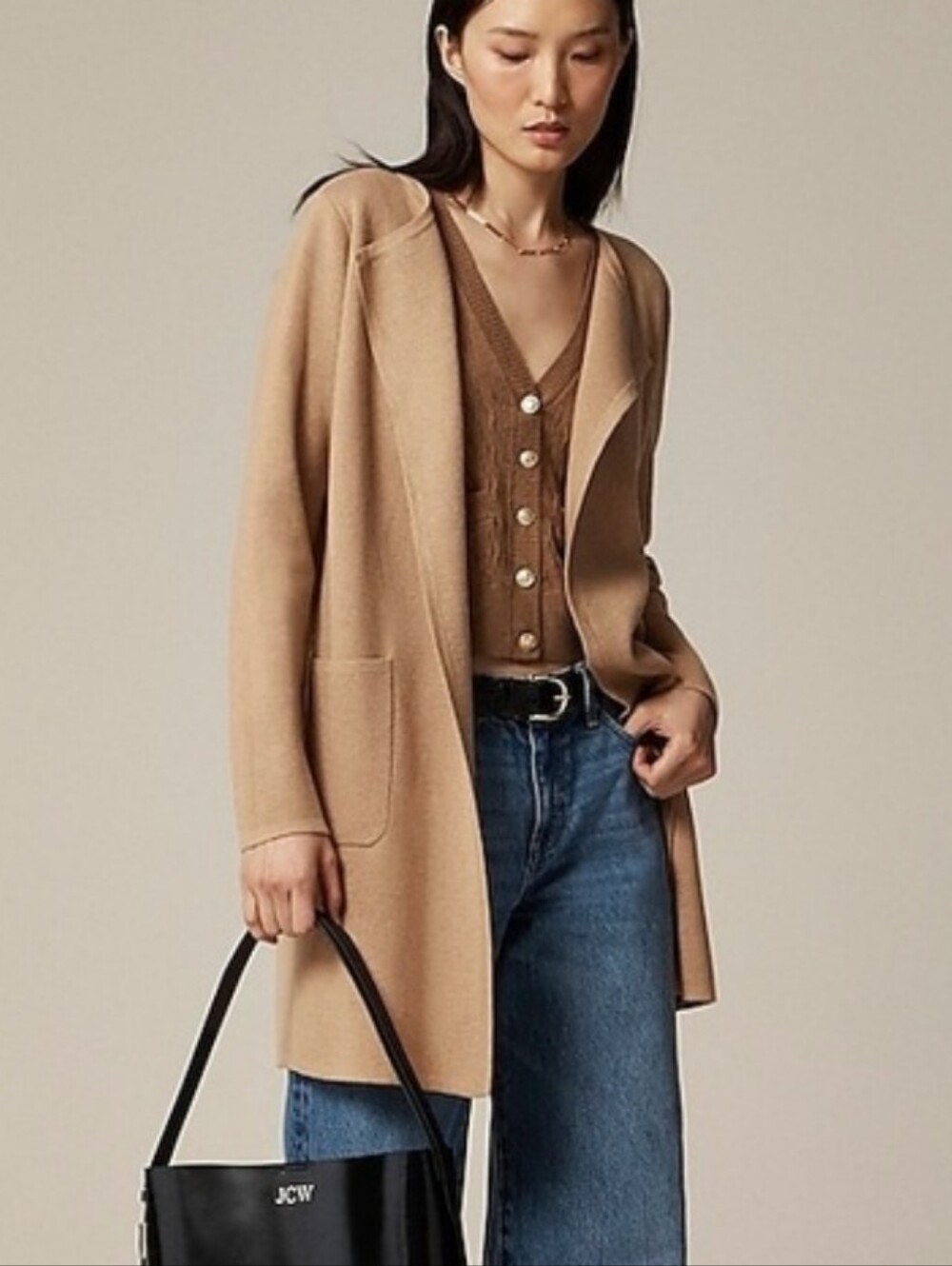 J‎ Crew Juliette Colarless Sweater Blazer Camel Tan Cotton Merino Wool Blend XS